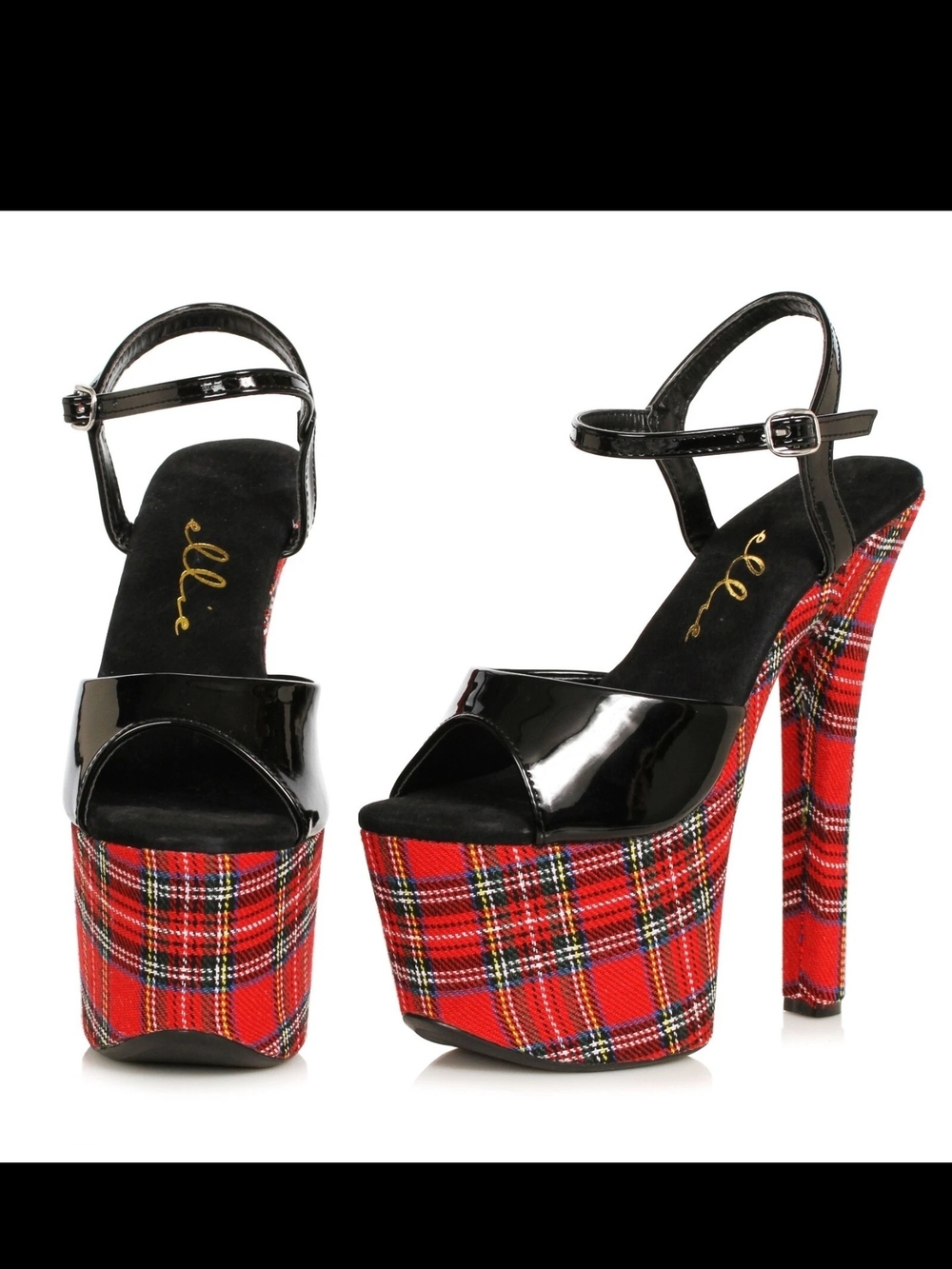 Elle Black Patent Ankle-Strap Platforms with Red Plaid